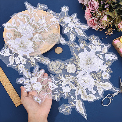 2Pcs Flower Polyester with Plastic Pearl Embroidery Sew on Cloth Patches PATC-HY0002-03B-1