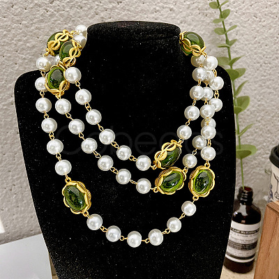 Alloy & Imitation Pearl & Oval Lampwork Beaded Long Necklaces for Women FS-WG23C77-01-1