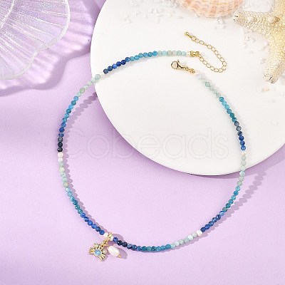 Gradient Color Brass Pave Cubic Zirconia Ocean Crab and Natural Pearl Pendant Natural Apatite & Kyanite & Amazonite Faceted Round Beaded Necklaces for Women NJEW-JN06241-1
