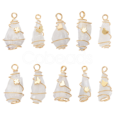 10Pcs 5 Styles Electroplated Natural Quartz Crystal Copper Wire Wrapped Pendants PALLOY-FG00004-1