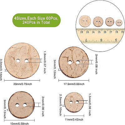 240Pcs 4 Styles 2-Hole Flat Round Coconut Buttons BUTT-CA0001-10-1