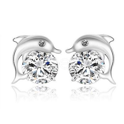 Real Platinum Plated Dolphin Brass Stud Earrings EJEW-EE0001-228-1