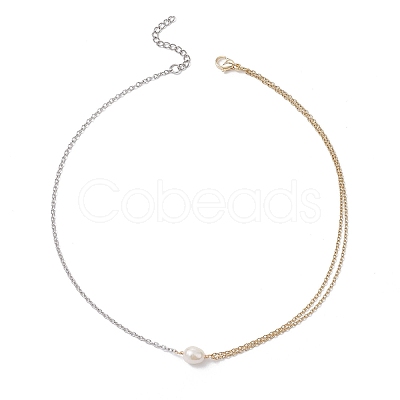Natural Cultured Freshwater Pearl Rice Pendant 304 Stainless Steel Cable Chain Double Layer Necklaces X-NJEW-JN05682-1