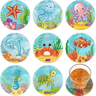 DIY Marine Animal Theme Diamond Painting Round Wood Cup Mat Kits LS-DIY-H163-06-1