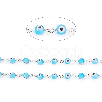 3.28 Feet Handmade Evil Eye Lampwork Round Beaded Chains X-CHC-G009-B-S02-1
