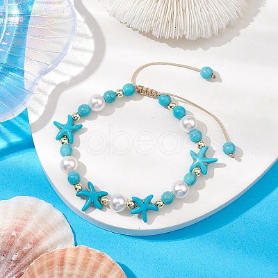 Adjustable Dyed Synthetic Turquoise & Shell Pearl Braided Bead Bracelets BJEW-JB10513-02-1