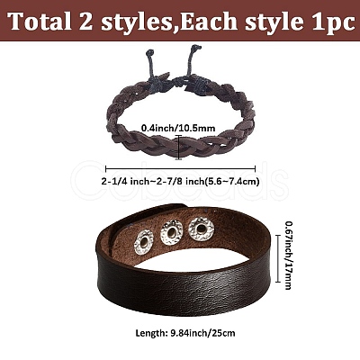 2Pcs 2 Styles Adjustable Cowhide Leather Cord Braided Bracelets BJEW-CL0001-15-1