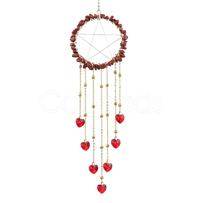 Wire Wrapped Natural Red Jasper Chips Ring Hanging Ornaments HJEW-JM02371-01-1