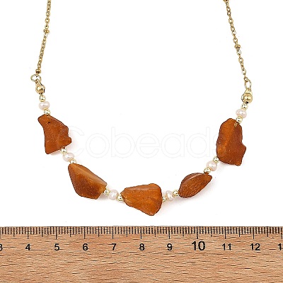 Nuggets Natural Amber & Natural Freshwater Pearl Beaded Necklaces with 304 Stainless Steel Satellite Chains NJEW-JN06491-1