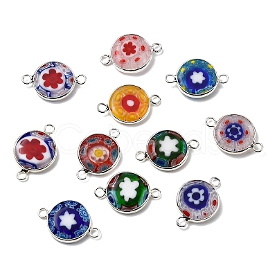 Handmade Millefiori Lampwork Flat Round Connector Charms LAMP-D002-02A-S-1