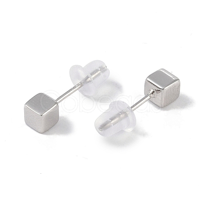 Anti-Tarnish Rhodium Plated Cube 999 Fine Silver Stud Earrings for Women EJEW-S215-09P-1