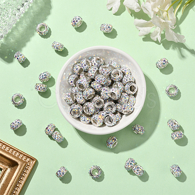 80Pcs Polymer Clay Rhinestone European Large Hole Beads with Silver Color Plated Brass Cores FPDL-LT0001-02D-1