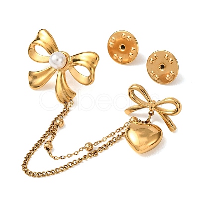 Bowknot & Heart 304 Stainless Steel & Plastic Pearl Hanging Chain Brooches JEWB-G049-02G-1