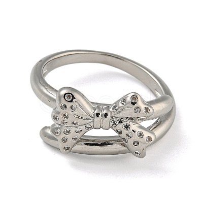Bowknot Brass Micro Pave Clear Cubic Zirconia Double Rings RJEW-Z050-26P-1