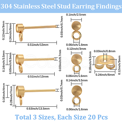 60Pcs 3 Style 304 Stainless Steel Stud Earring Findings STAS-BBC0007-45-1