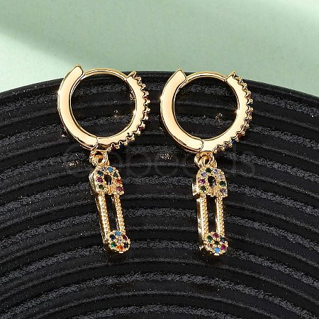 Safety Pin Brass Micro Pave Cubic Zirconia Hoop Earrings EJEW-F384-15G-02-1
