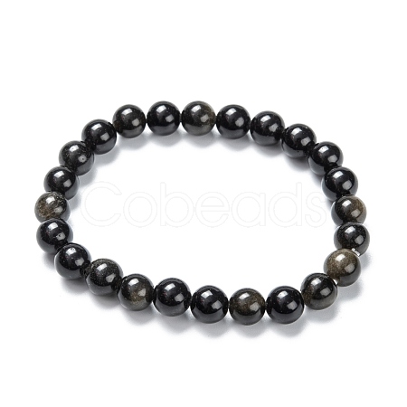 Natural Golden Sheen Obsidian Stretch Beaded Bracelets G-A185-01P-1