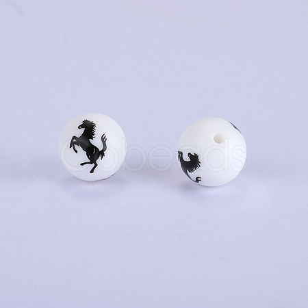 Printed Round with Horse Pattern Silicone Focal Beads SI-JX0056A-136-1