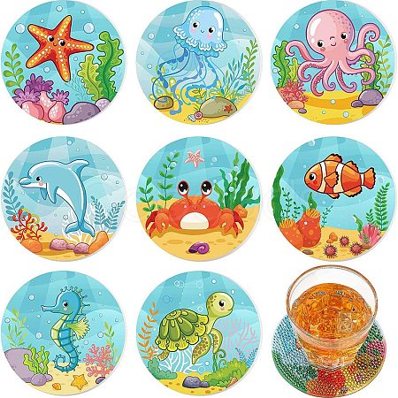 DIY Marine Animal Theme Diamond Painting Round Wood Cup Mat Kits LS-DIY-H163-06-1