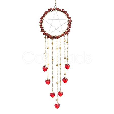 Wire Wrapped Natural Red Jasper Chips Ring Hanging Ornaments HJEW-JM02371-01-1