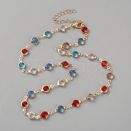 Brass Colorful Glass Flat Round Link Chain Necklaces NJEW-WH0016-78-1