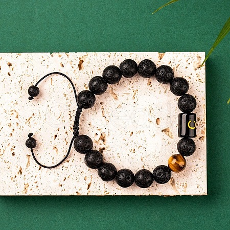 Natural Tiger Eye & Lava Rock Round Beads Adjustable  Bracelets TV6214-3-1