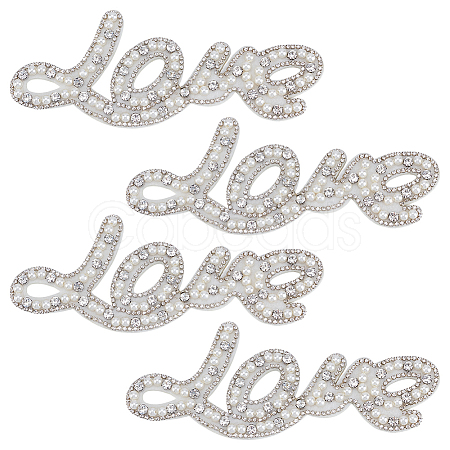 4Pcs Word Love Glass Crystal Rhinestone with Plastic Pearl Sew on Cloth Patches PATC-FG0003-51-1