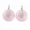 Natural Rose Quartz Pendants, with Platinum Tone Brass Findings, Donut/Pi Disc with Flower, 35.5x30x8.5~9.5mm, Hole: 4.5x6.5mm