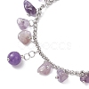 304 Stainless Steel Natural Amethyst Chips Charm Bracelets BJEW-JB12376-02-3