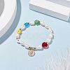 Natural Pearl & Millefiori Glass Beaded Stretch Bracelet with Heart and Coin Charm for Women BJEW-TA00060-2