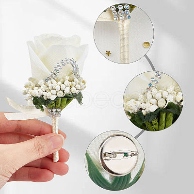 Cloth Rose Flower Boutonniere Brooch with Rhinestone LS-AJEW-WH0258-294C-1