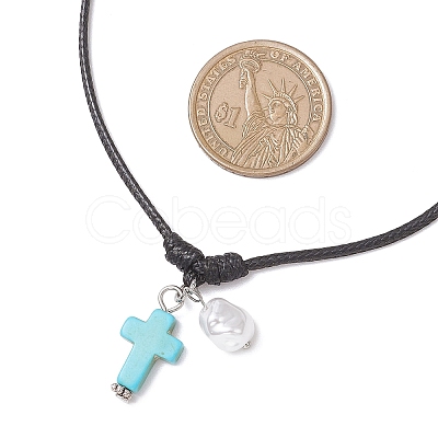 Adjustable Dyed Synthetic Turquoise with Round Plastic Imitation Pearl Cross Pendant Black Waxed Polyester Cord Necklaces for Women NJEW-JN05384-01-1