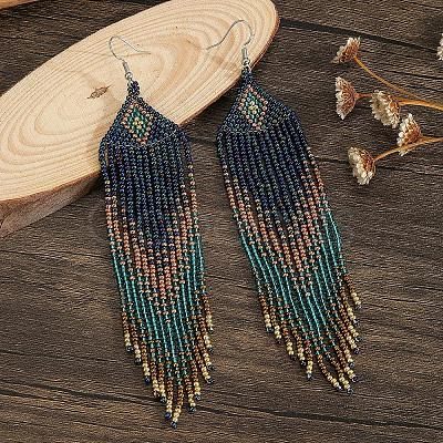 Bohemian Handmade Glass Seed Beads Rectangle Dangle Earrings PO2470-1