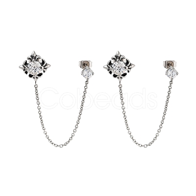 Flower 316 Surgical Stainless Steel Pave Clear Cubic Zirconia Dangle Chains Stud Earrings EJEW-Z050-61AS-1