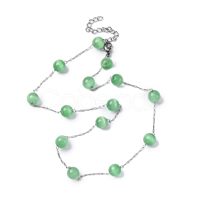 304 Stainless Steel Cat Eye Round Beads Handmade Chain Necklaces for Women NJEW-C073-01P-04-1