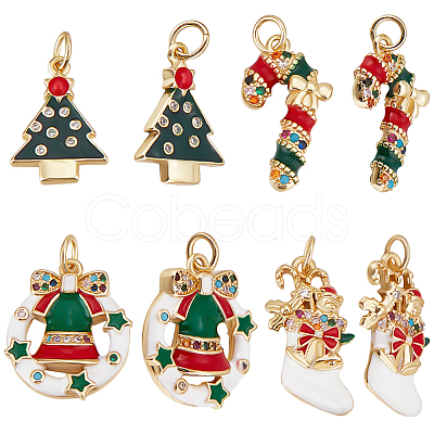 8Pcs 4 Styles Christmas Themed Brass Micro Pave Clear Cubic Zirconia Pendants ZIRC-BBC0002-82-1