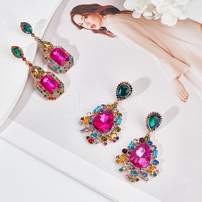 2 Pairs 2 Style Rhinestone Teardrop & Rectangle Dangle Stud Earrings EJEW-AN0002-98-1