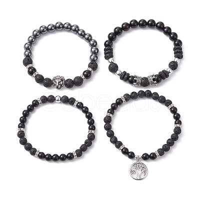 4Pcs 4 Style Natural Black Onyx & Lava Rock Beaded Stretch Bracelets Set BJEW-JB09672-1