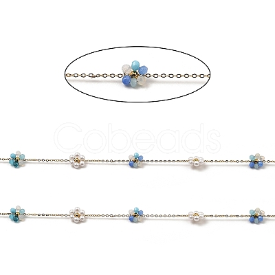Glass & ABS Plastic Pearl Beaded Flower Link Chains CHS-G028-08G-03-1