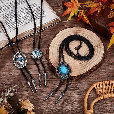 3Pcs 3 Style Adjustable Zinc Alloy Pave Synthetic Turquoise Oval/Flat Round Pendant Black PU Leather Cord Lariat Necklaces NJEW-ME0001-02-1