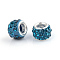 Polymer Clay Rhinestone European Beads, Large Hole Beads, Rondelle, with Silver Color Plated Brass Cores, Blue Zircon, 10~12x7~8mm, Hole: 5mm, Rhinestone: pp17((2.3~2.4mm)