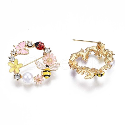Flat Round with Butterfly Bee Flower Enamel Pin with Rhinestone JEWB-N007-070-1
