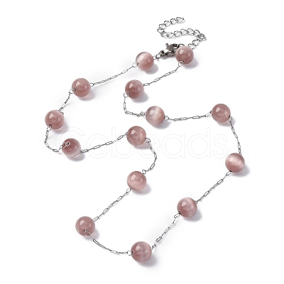304 Stainless Steel Cat Eye Round Beads Handmade Chain Necklaces for Women NJEW-C073-01P-01-1