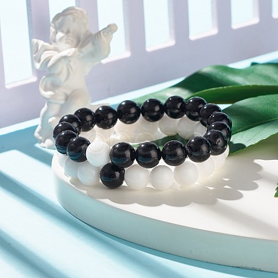 2Pcs 2 Color 10.5MM Natural Mashan Jade(Dyed) & Malaysia Jade(Dyed) Round Beaded Stretch Bracelets Set BJEW-JB07642-1