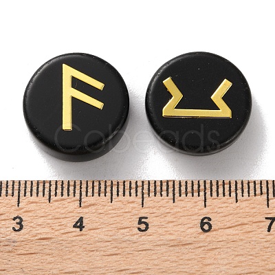 Brass Elder Futhark Alphabet Engraved Symbol Flat Round Natural Obsidian Rune Stones G-I373-01H-1