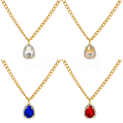 4Pcs 4 Colors Brass Rhinestone Teardrop Pendant Aluminum Chain Necklaces for Women NJEW-HY0001-33-1
