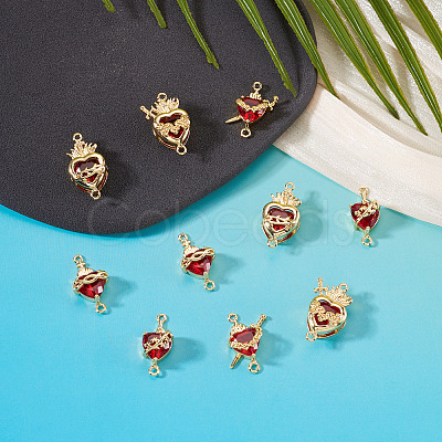 10Pcs 5 Styles Brass with Glass Dark Red Sacred Heart Connector Charms KK-TA0008-63-1