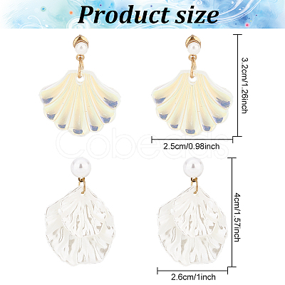 2 Pairs 2 Color Resin Shell Shape Dangle Stud Earrings with Imitation Pearl Beaded EJEW-AN0002-62-1