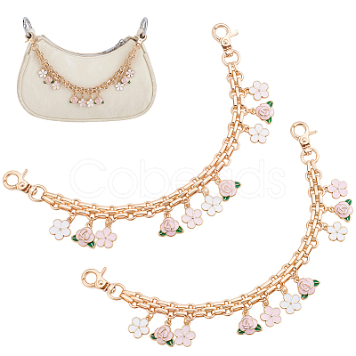 2Pcs Alloy Pink and White Enamel Flower Tassel Bag Decorative Chains AJEW-BBC0001-05-1