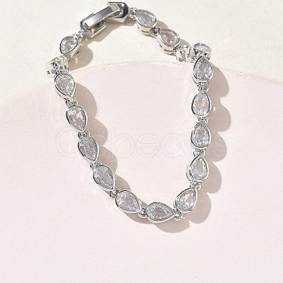 Teardrop Brass Micro Pave Clear Cubic Zirconia Link Chain Bracelets for Women BJEW-C156-07A-P-1
